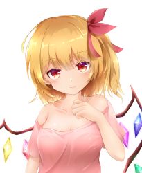 Rule 34 | 1girl, absurdres, alternate costume, ameno sagiri (artist), bad id, bad pixiv id, bare shoulders, blonde hair, breasts, cleavage, collarbone, flandre scarlet, hair ribbon, hand on own chest, head tilt, highres, looking at viewer, no headwear, off-shoulder shirt, off shoulder, one side up, pink shirt, raglan sleeves, red eyes, ribbon, shirt, short hair, simple background, small breasts, smile, solo, touhou, transparent background, white background, wings
