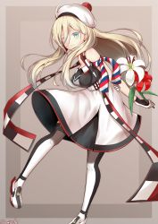 Rule 34 | 1girl, armband, belt, beret, blonde hair, blue eyes, blush, breasts, closed mouth, commentary request, dress, flower, full body, gloves, hair between eyes, hat, high-waist pants, highres, holding, kantai collection, long hair, looking at viewer, medium breasts, mole, mole under eye, mole under mouth, multicolored clothes, multicolored dress, multicolored gloves, multicolored legwear, multicolored scarf, pants, richelieu (kancolle), sazamiso rx, scarf, shirt, shoes, simple background, smile, solo, standing, strapless, strapless dress, thighhighs, white hat
