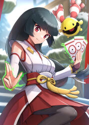 Rule 34 | 1girl, absurdres, black hair, blunt bangs, blurry, blurry background, chingling, closed mouth, commentary request, creatures (company), day, game freak, gen 4 pokemon, glowing, gonzarez, highres, holding, japanese clothes, kimono, long hair, looking down, nintendo, official alternate costume, outdoors, pantyhose, pleated skirt, pokemon, pokemon (creature), pokemon masters ex, red eyes, red sash, red skirt, sabrina (new year&#039;s 2022) (pokemon), sabrina (pokemon), sash, skirt, smile, white kimono