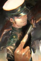 Rule 34 | 1boy, absurdres, akatsuka, evil smile, facial hair, from above, hat, hat over one eye, highres, holding, male focus, military hat, one piece, perspective, scalpel, smile, solo, trafalgar law