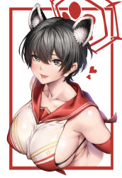 Rule 34 | 1girl, :p, absurdres, animal ear fluff, animal ears, bare shoulders, black hair, blue archive, blush, breast curtain, breasts, collarbone, green eyes, hair between eyes, halo, heart, highres, large breasts, looking at viewer, naidong (artist), open mouth, raccoon ears, red sailor collar, sailor collar, school uniform, serafuku, short hair, sideboob, sideless outfit, smile, solo, tongue, tongue out, tsubaki (blue archive), upper body