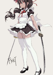 Rule 34 | 1girl, animal ears, apron, artist name, black dress, black footwear, breasts, brown hair, cat ears, commentary request, dress, dual wielding, eyeshadow, fkey, frilled apron, frills, garter straps, gloves, grey background, hair ribbon, highres, holding, holding sword, holding weapon, katana, long hair, looking at viewer, maid, maid apron, makeup, mary janes, medium breasts, neck ribbon, original, panties, petticoat, puffy short sleeves, puffy sleeves, purple eyeshadow, red eyes, red ribbon, ribbon, shoes, short sleeves, signature, simple background, solo, sword, thighhighs, underwear, weapon, white apron, white gloves, white panties, white thighhighs, wing collar