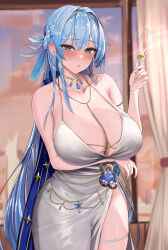 Rule 34 | 1girl, absurdres, akamashi, arm under breasts, blue eyes, blue gemstone, blue hair, blurry, blurry background, blush, braid, breast hold, breasts, champagne flute, cleavage, cocktail dress, collarbone, commentary, cowboy shot, cup, curtains, curvy, diamond earrings, dress, drinking glass, earrings, embarrassed, feather hair ornament, feathers, french braid, gem, goddess of victory: nikke, hair intakes, hair ornament, helm (chandelier) (nikke), helm (nikke), highres, holding, holding cup, indoors, jewelry, large breasts, light blue hair, long hair, looking at viewer, necklace, official alternate costume, parted lips, puckered lips, side slit, skindentation, solo, spaghetti strap, standing, thigh strap, thighs, very long hair, white dress, window