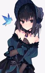 Rule 34 | 1388chan, 1girl, absurdres, bare shoulders, bird, black eyes, black hair, blue bird, blue dress, bonnet, boots, commentary, dress, fate/grand order, fate (series), gloves, grey background, grey gloves, hat, highres, knee boots, kuonji alice, looking at viewer, mahou tsukai no yoru, off-shoulder dress, off shoulder, pantyhose, puffy short sleeves, puffy sleeves, short hair, short sleeves, simple background, smile, solo, symbol-only commentary, upper body, wrist cuffs
