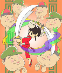Rule 34 | 1girl, baozi, chinese clothes, clapping, dao (weapon), double bun, food, gradient background, hair bun, kabiinyo (kab), original, shumai (food), sword, weapon