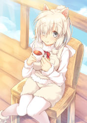 Rule 34 | 10s, 1girl, alpaca ears, alpaca suri (kemono friends), animal ears, ankle boots, beige boots, beige vest, blonde hair, blue eyes, blue sky, blush, boots, breast pocket, breasts, chair, cloud, cloudy sky, commentary, cup, day, dot nose, eyelashes, footwear ribbon, fur-trimmed boots, fur-trimmed sleeves, fur collar, fur trim, hair bun, hair over one eye, hair ribbon, holding, holding cup, kemono friends, knees together feet apart, large breasts, long sleeves, looking at viewer, looking up, nagare yoshimi, neck ribbon, pantyhose, pantyhose under shorts, pocket, ribbon, shirt, short hair, shorts, single hair bun, sitting, sky, smile, solo, tail, tareme, tea, teacup, tress ribbon, vest, white pantyhose, white ribbon, wooden floor