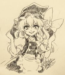 Rule 34 | 1girl, 2017, adjusting clothes, adjusting headwear, apron, bow, braid, dated, eyelashes, grin, hair between eyes, hair bow, hands up, hat, hat bow, isamu-ki (yuuki), kirisame marisa, long hair, looking at viewer, monochrome, puffy short sleeves, puffy sleeves, short sleeves, side braid, simple background, smile, solo, teeth, touhou, traditional media, v-shaped eyebrows, vest, waist apron, witch hat
