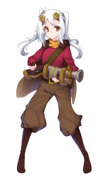 Rule 34 | 1girl, belt, boots, buckle, cape, dota (series), dota 2, full body, genderswap, genderswap (mtf), goggles, goggles on head, gun, long hair, musket, pants, red eyes, simple background, sniper (dota 2), solo, standing, tilt-shift (azalanz), twintails, weapon, white background, white hair