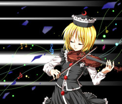 Rule 34 | 1girl, blonde hair, closed eyes, hat, instrument, lunasa prismriver, musical note, nora wanko, playing instrument, shards, solo, touhou, violin