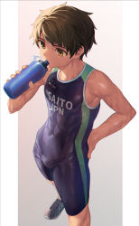 Rule 34 | 1boy, bottle, brown hair, bulge, chromatic aberration, clothes writing, covered collarbone, covered navel, drinking, english text, gradient background, hand on own hip, highres, holding, holding bottle, male focus, nayoshi (r-744), original, resolution mismatch, shoes, simple background, sleeveless, solo, source smaller, standing, sweat, toned, toned male, water, wet, yellow eyes