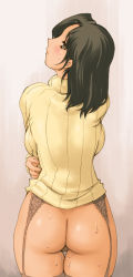 Rule 34 | 1girl, ass, black hair, blush, bottomless, copyright request, cowboy shot, from behind, garter belt, garter straps, gradient background, ishida masayuki, legs together, looking at viewer, looking back, mature female, medium hair, ribbed sweater, ribbed turtleneck sweater, simple background, solo, standing, sweat, sweater, thighhighs, turtleneck, yellow sweater