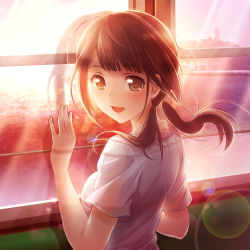 Rule 34 | 10s, 1girl, brown eyes, brown hair, dusk, hand on window, in-universe location, lens flare, long hair, looking at viewer, looking back, low twintails, ocean, okita sawa, open mouth, shirt, smile, solo, sunset, tari tari, train, train interior, twintails, upper body, white shirt, window, yamori (stom)