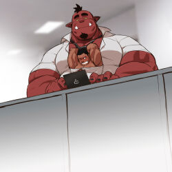 Rule 34 | 2boys, absurdres, arms behind head, bara, beard, black eyes, black nails, blush, collared shirt, colored sclera, colored skin, computer, facial hair, from below, giant, giant male, goatee, highres, implied sex, interspecies, laptop, large pectorals, male focus, mature male, mohawk, multiple boys, muscular, muscular male, naughty face, office, orc, original, otsukimi, paid reward available, pectoral cleavage, pectorals, pointy ears, red skin, runny nose, shirt, short hair, sideburns, size difference, smirk, snot, stealth sex, sweat, tears, textless version, thick arms, thick eyebrows, tusks, typing, under another&#039;s clothes, yaoi, yellow sclera
