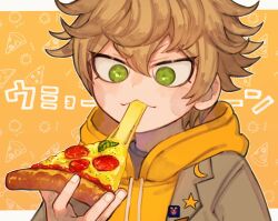 Rule 34 | 1boy, blush stickers, brown hair, cheese trail, desuhiko thunderbolt, eating, food, green eyes, hair between eyes, highres, holding, holding food, holding pizza, hood, hood down, hoodie, jacket, male focus, master detective archives: rain code, natto rain, pizza, pizza slice, simple background, solo, spiked hair, upper body