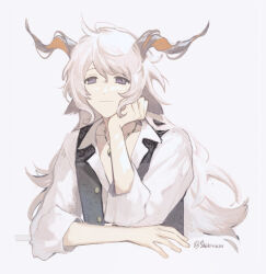 Rule 34 | arknights, artist name, bishounen, hand on own chin, highres, horns, jewelry, kreide (arknights), long hair, looking at veiwer, male focus, necklace, purple eyes, shikiri, shirt, simple background, smile, solo, upper body, vest, white background, white hair, white shirt