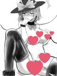 Rule 34 | 1girl, blush, bow, bowtie, breasts, censored, censored nipples, collar, earrings, efukei, greyscale, hair between eyes, hand on own chest, hand to own mouth, hand up, hat, hat bow, heart, heart-shaped pupils, heart censor, heart earrings, highres, jewelry, large breasts, leash, monochrome, nagae iku, navel, nose blush, nude, pubic tattoo, short hair, simple background, sitting, sketch, solo, stomach, sweat, symbol-shaped pupils, tattoo, tears, thighhighs, touhou, white background