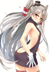 Rule 34 | 1girl, absurdres, amatsukaze (kancolle), ass, back, backless dress, backless outfit, bare back, bare shoulders, breasts, brown eyes, butt crack, cowboy shot, dress, fingernails, from behind, gloves, grey sweater, hair tubes, halterneck, highres, kantai collection, long hair, looking at viewer, looking back, meme attire, naked sweater, red thighhighs, ribbed dress, ribbed sweater, scan, short dress, sideboob, silver hair, simple background, single glove, small breasts, solo, striped clothes, striped thighhighs, sweat, sweater, sweater dress, thighhighs, turtleneck, turtleneck sweater, two side up, virgin killer sweater, white background, white gloves, yahako, zettai ryouiki