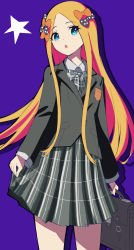 Rule 34 | 1girl, abigail williams (fate), absurdres, black bow, black jacket, blonde hair, blue eyes, bow, bowtie, breasts, briefcase, contemporary, fate/grand order, fate (series), forehead, grey neckwear, grey skirt, hair bow, highres, jacket, long hair, multiple bows, open clothes, open jacket, open mouth, orange bow, parted bangs, polka dot, polka dot bow, purple background, school briefcase, school uniform, skirt, small breasts, star (symbol), thighs, wang man