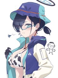 Rule 34 | 1girl, animal print, aqua-framed eyewear, bikini, black gloves, black hair, blue archive, blue hat, blue jacket, blush, breasts, bucket hat, chihiro (blue archive), chihiro (camp) (blue archive), cleavage, closed mouth, commentary, cow print, cow print bikini, doodle sensei (blue archive), glasses, gloves, green eyes, green hat, hair between eyes, hair ornament, hair tie, halo, hat, highres, hood, hood down, hooded jacket, jacket, large breasts, long sleeves, looking at viewer, multicolored clothes, multicolored jacket, official alternate costume, official alternate hairstyle, omochi mochi (mcmc akari), open clothes, open jacket, print bikini, semi-rimless eyewear, sensei (blue archive), short hair, sidelocks, simple background, solo focus, squiggle, standing, swimsuit, two-tone headwear, two-tone jacket, under-rim eyewear, white background, yellow jacket