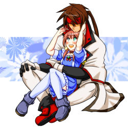 Rule 34 | 1boy, 1girl, aq interactive, arc system works, arcana heart, atlus, blush, boots, brown hair, capelet, choker, couple, examu, fiona mayfield, green eyes, guilty gear, headband, height difference, hetero, knees together feet apart, long hair, m.u.g.e.n, order-sol, order sol, ponytail, red hair, ryuuri (aoithigo), sitting, sitting on lap, sitting on person, size difference, sol badguy, thighhighs, uniform, white thighhighs