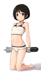 Rule 34 | 1girl, absurdres, adapted costume, alternate costume, bare arms, bare legs, bare shoulders, barefoot, bikini, black hair, blush, breasts, brown eyes, choker, closed mouth, collarbone, full body, highres, holding, kantai collection, kibitarou, kneeling, looking back, maru-yu (kancolle), navel, short hair, small breasts, smile, solo, stomach, swimsuit, tareme, thick eyebrows, torpedo, white bikini, white choker