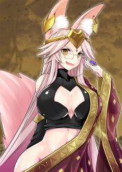 Rule 34 | 1girl, animal ear fluff, animal ears, breasts, character cutout, dress, earrings, fang, fate/grand order, fate (series), fox ears, fox tail, glasses, highres, huge breasts, indian clothes, indian style, jewelry, koyanskaya (fate), large breasts, long hair, looking at viewer, midriff, open mouth, pink hair, sitting, smile, solo, tail, tamamo (fate), tsuzuki yoshio, very long hair, yellow eyes