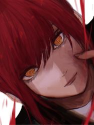 Rule 34 | 1girl, blood, chainsaw man, close-up, closed mouth, eyelashes, fingernails, highres, inuo (inuo x), long eyelashes, long hair, looking at viewer, makima (chainsaw man), orange eyes, pink lips, portrait, red hair, ringed eyes, simple background, solo, upper body, white background