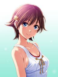 Rule 34 | 10s, 1girl, adapted costume, blue eyes, collarbone, gradient background, hair ornament, hairclip, hiei (kancolle), kantai collection, looking at viewer, shian (my lonly life.), short hair, smile, solo, swimsuit, upper body