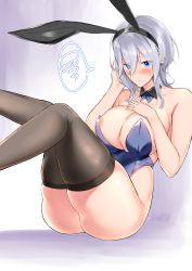 Rule 34 | 1girl, absurdres, alternate costume, animal ears, areola slip, ass, azur lane, bare shoulders, blue eyes, blue leotard, blush, breasts, cleavage, detached collar, fake animal ears, grey hair, hair between eyes, hand in own hair, hand on own chest, highleg, highleg leotard, highres, large breasts, leotard, medium hair, playboy bunny, rabbit ears, sansan (kurione), skindentation, solo, strapless, strapless leotard, thighhighs, washington (azur lane), wing collar