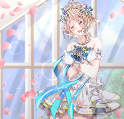 Rule 34 | 1girl, artist name, artist request, bare shoulders, blue flower, blush, bow, bracelet, breasts, cleavage, collarbone, crossed arms, dress, earrings, closed eyes, female focus, flower, gloves, grey hair, hair flower, hair ornament, highres, jewelry, light brown hair, looking at viewer, love live!, love live! school idol festival, love live! sunshine!!, necklace, parted lips, pearl bracelet, pearl necklace, petals, pink petals, ribbon, short hair, smile, solo, sparkle, strapless, strapless dress, takenokodomo, tiara, watanabe you, wedding dress, white bow, white dress, white flower, white gloves, white ribbon