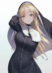 Rule 34 | 1girl, arm behind head, arm up, aya (lezon), black dress, blonde hair, blush, breasts, commentary request, dress, habit, highres, large breasts, long hair, long sleeves, looking at viewer, neck ribbon, nijisanji, nun, parted bangs, parted lips, ribbon, simple background, sister claire, sister claire (1st costume), smile, solo, traditional nun, veil, virtual youtuber, white background, white ribbon, yellow eyes
