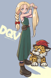 Rule 34 | 1girl, bianca (dq5), black socks, blonde hair, blue eyes, borongo, bow, braid, bright pupils, brown footwear, bunching hair, copyright name, dragon quest, dragon quest v, dress, earrings, green dress, hair bow, highres, jewelry, light blue background, long hair, multicolored eyes, norixio, pouch, red bow, slime (dragon quest), socks, solo, standing, twitter username, white pupils, yellow eyes