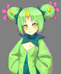 Rule 34 | 1girl, :3, blush, closed mouth, creatures (company), double bun, dress, eyelashes, flat chest, flower, game freak, gen 5 pokemon, green dress, green hair, grey background, hair bun, hair flower, hair ornament, hands on own hips, highres, horns, long sleeves, looking at viewer, maractus, nintendo, no bra, personification, pokemon, pokemon bw, pokemon bw2, redauto, short eyebrows, short hair, simple background, single horn, solo, spikes, standing, thick eyebrows, turtleneck, upper body, wide sleeves, yellow eyes