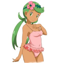 Rule 34 | 1girl, arm at side, bare arms, bare shoulders, blush stickers, breasts, casual one-piece swimsuit, cleavage, closed mouth, covered erect nipples, covered navel, cowboy shot, creatures (company), cropped legs, flower, frilled swimsuit, frills, game freak, green eyes, green hair, hair flower, hair ornament, hand on own chest, headband, long hair, looking at viewer, low twintails, mallow (pokemon), medium breasts, nintendo, one-piece swimsuit, pink one-piece swimsuit, pokemon, pokemon (anime), pokemon sm (anime), simple background, smile, solo, standing, swept bangs, swimsuit, tareme, thighs, tof, twintails, very long hair, white background