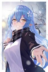 Rule 34 | 1girl, ahoge, alternate costume, bag, beckoning, black jacket, black scarf, blue hair, blue nails, blush, braid, breasts, cable knit, colored tips, commentary, crossed bangs, double-parted bangs, flower, grin, hair between eyes, hair flower, hair ornament, hairclip, half updo, handbag, heart, heart ahoge, heart hair ornament, highres, hololive, jacket, large breasts, long hair, looking at viewer, multicolored hair, nail polish, open clothes, open jacket, plaid, plaid scarf, pointy ears, reaching, reaching towards viewer, scarf, smile, snowing, solo, streaked hair, sweater, tokisaka makoto, upper body, very long hair, virtual youtuber, white sweater, winter, yellow eyes, yukihana lamy