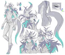 Rule 34 | 10den, 1boy, asymmetrical horns, barefoot, black sclera, blue eyes, blue hair, blue horns, blue skin, blue tongue, character sheet, closed mouth, color guide, colored eyelashes, colored sclera, colored skin, colored tongue, commission, denim, fangs, fingernails, full body, grey hair, grey horns, grey skin, highres, horns, jeans, long hair, long sleeves, male focus, midriff peek, monster boy, multicolored eyes, multicolored hair, open mouth, original, pants, pointy ears, purple eyes, purple hair, purple horns, sharp fingernails, sharp toenails, short ponytail, simple background, skeb commission, sleeves past wrists, slit pupils, solo, streaked hair, sweater, tail, toenails, tongue, tongue out, turtleneck, turtleneck sweater, walking, white background, white pants, white sweater