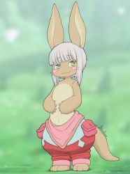 Rule 34 | 1other, :3, animal ears, blurry, blurry background, depth of field, facial mark, full body, furry, grey hair, highres, kionant, looking at viewer, made in abyss, nanachi (made in abyss), pants, pouch, puffy pants, rabbit ears, sidelocks, smile, solo, tail, whisker markings