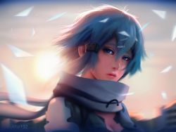 Rule 34 | 10s, 1girl, artist name, blue eyes, blue hair, breasts, cleavage, highres, huykho192, lips, matching hair/eyes, realistic, scarf, short hair, sinon, solo, sword art online