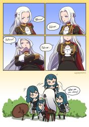 Rule 34 | 2girls, absurdres, art shift, ascot, breasts, bush, byleth (female) (fire emblem), byleth (fire emblem), cape, edelgard von hresvelg, english text, fire emblem, fire emblem: three houses, from below, gameplay mechanics, highres, long hair, medium breasts, multiple girls, nintendo, outdoors, pompmaker1, red cape, sitting, table, white hair