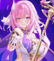 Rule 34 | 1girl, bare shoulders, blush, breasts, cleavage, closed mouth, clothing cutout, crystal shard, detached sleeves, elf, elysia (herrscher of human:ego) (honkai impact), elysia (honkai impact), gloves, hair between eyes, hair ornament, highres, holding, holding staff, honkai (series), honkai impact 3rd, large breasts, looking at viewer, pink eyes, pink hair, pink pupils, pointy ears, purple background, shirt, short hair, short sleeves, side cutout, sideboob, smile, solo, staff, triquetra, white gloves, white shirt, yuli you gua