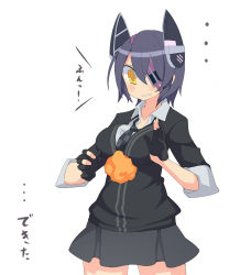 Rule 34 | ..., 1girl, black gloves, black jacket, blush, chicken (food), collared shirt, cowboy shot, eyepatch, food request, fried chicken, gloves, grey necktie, grey skirt, hair between eyes, half gloves, harau, headgear, highres, jacket, kantai collection, karaage, looking down, necktie, parted lips, partially fingerless gloves, pleated skirt, purple hair, shirt, short hair, simple background, skirt, solo, standing, tenryuu (kancolle), translation request, white background, wing collar, yellow eyes