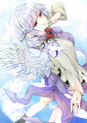 Rule 34 | 1girl, arched back, ass, blue background, bow, bowtie, braid, breasts, covered mouth, covering own mouth, cowboy shot, dress, feathered wings, feathers, finger to mouth, from behind, grey jacket, highres, jacket, kishin sagume, long sleeves, looking at viewer, looking back, mimoto (aszxdfcv), purple dress, purple eyes, red bow, red bowtie, silver hair, single wing, solo, touhou, white wings, wings
