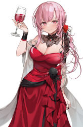 Rule 34 | 1girl, blush, breasts, commentary, cowboy shot, cup, detached collar, dress, drinking glass, flower, grey ribbon, hair flower, hair ornament, hair ribbon, hand up, highres, holding, holding cup, hololive, hololive english, large breasts, long hair, looking at viewer, machi (7769), mori calliope, mori calliope (party dress), nail polish, official alternate costume, parted lips, pink eyes, pink hair, red dress, red flower, red rose, revision, ribbon, rose, shawl, simple background, smile, solo, strapless, strapless dress, virtual youtuber, white background, wrist cuffs