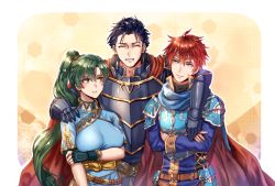 Rule 34 | 1girl, 2boys, ahoge, arm around neck, armor, belt, belt buckle, black gloves, black hair, blue dress, blue eyes, blue hair, blue scarf, blush, breast hold, breastplate, breasts, buckle, cape, closed eyes, closed mouth, crossed arms, dress, eliwood (fire emblem), facing viewer, faulds, fingerless gloves, fire emblem, fire emblem: the blazing blade, fire emblem heroes, forehead protector, gauntlets, gloves, green eyes, green hair, hair tie, hand on another&#039;s shoulder, hand on own arm, head tilt, hector (fire emblem), hexagon, high ponytail, long hair, long sleeves, looking to the side, lyn (fire emblem), medium breasts, multiple boys, nintendo, parted bangs, parted lips, pauldrons, ponytail, red gloves, red hair, sash, scarf, short hair, short sleeves, shoulder armor, smile, upper body, wani (fadgrith)