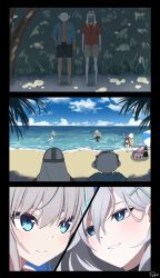 Rule 34 | 2boys, 3koma, 6+girls, :d, ahoge, aiming, alternate costume, animal ear fluff, animal ears, aqua jacket, doodle sensei (blue archive), ayane (blue archive), ayane (swimsuit) (blue archive), backpack, bag, beach, bikini, black bikini, black hair, black one-piece swimsuit, blue archive, blue eyes, blue sky, blurry, breasts, brown hair, cat ears, cat girl, cleavage, cloud, cloudy sky, coconut tree, comic, commentary request, competition swimsuit, cross hair ornament, depth of field, firing, grey hair, hair between eyes, hair bobbles, hair ornament, halo, hat, highres, holding, holding water gun, hood, hooded jacket, horizon, hoshino (blue archive), hoshino (swimsuit) (blue archive), jacket, long hair, long sleeves, low ponytail, low twintails, medium breasts, mismatched pupils, multiple boys, multiple girls, navel, nonomi (blue archive), nonomi (swimsuit) (blue archive), ocean, official alternate costume, one-piece swimsuit, open mouth, palm tree, parted lips, phrenapates (blue archive), pink hair, pointy ears, poko (user rjdg5478), sensei (blue archive), serika (blue archive), serika (swimsuit) (blue archive), shade, shiroko (blue archive), shiroko (swimsuit) (blue archive), shiroko terror (blue archive), short hair, sidelocks, silent comic, sitting, sky, sleeveless, smile, standing, stomach, sun hat, swimsuit, tree, twintails, walking, water gun, white jacket, wolf ears, wolf girl