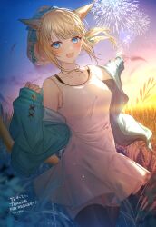 Rule 34 | 1girl, animal ears, artist name, black thighhighs, blonde hair, blue eyes, cat ears, collarbone, commentary request, commission, cowboy shot, dress, english text, final fantasy, final fantasy xiv, fireworks, green jacket, hair ribbon, highres, jacket, jewelry, long sleeves, looking at viewer, miqo&#039;te, necklace, off shoulder, open mouth, outdoors, pointing, ponytail, ribbon, skeb commission, sleeveless, sleeveless dress, sleeves past wrists, solo, standing, sundress, sunset, syandega, thighhighs, warrior of light (ff14), wheat, wheat field, white dress