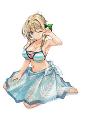 Rule 34 | 1girl, absurdres, bikini, blonde hair, blue sarong, braid, braided bangs, breasts, cleavage, full body, hair intakes, highres, kantai collection, large breasts, leaf print, looking at viewer, one eye closed, perth (kancolle), perth (swimsuit mode) (kancolle), purple eyes, sarong, short hair, simple background, solo, striped bikini, striped clothes, swimsuit, water, white background, yashin (yasinz)