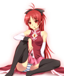 Rule 34 | 10s, 1girl, bare shoulders, black thighhighs, bow, breasts, female focus, food, gradient background, hair bow, long hair, mahou shoujo madoka magica, mahou shoujo madoka magica (anime), mouth hold, panties, pantyshot, pocky, ponytail, red eyes, red hair, sakura kyoko, sitting, skirt, smile, solo, striped clothes, striped panties, surume (clavis), thighhighs, underwear, upskirt, white background
