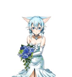 Rule 34 | 1girl, animal ears, blue eyes, blue flower, blue hair, blue ribbon, bouquet, breasts, cat ears, cleavage, collarbone, dress, elbow gloves, flower, gloves, hair between eyes, hair ribbon, holding, holding bouquet, jewelry, long hair, looking at viewer, medium breasts, necklace, parted lips, ribbon, short hair with long locks, sidelocks, sinon (sao-alo), sleeveless, sleeveless dress, solo, standing, strapless, strapless dress, sword art online, transparent background, white dress, white gloves