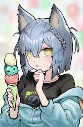 Rule 34 | 1girl, :o, absurdres, animal ear fluff, animal ears, arknights, balloon, black shirt, blue jacket, blurry, blurry background, braid, breasts, collarbone, commentary request, delphine (arknights), depth of field, eyes visible through hair, food, grey hair, hair over one eye, hands up, highres, holding, holding food, ice cream, ice cream cone, jacket, landl, long sleeves, looking at viewer, medium breasts, off shoulder, parted lips, puffy long sleeves, puffy sleeves, shirt, short hair, solo, triple scoop, yellow eyes